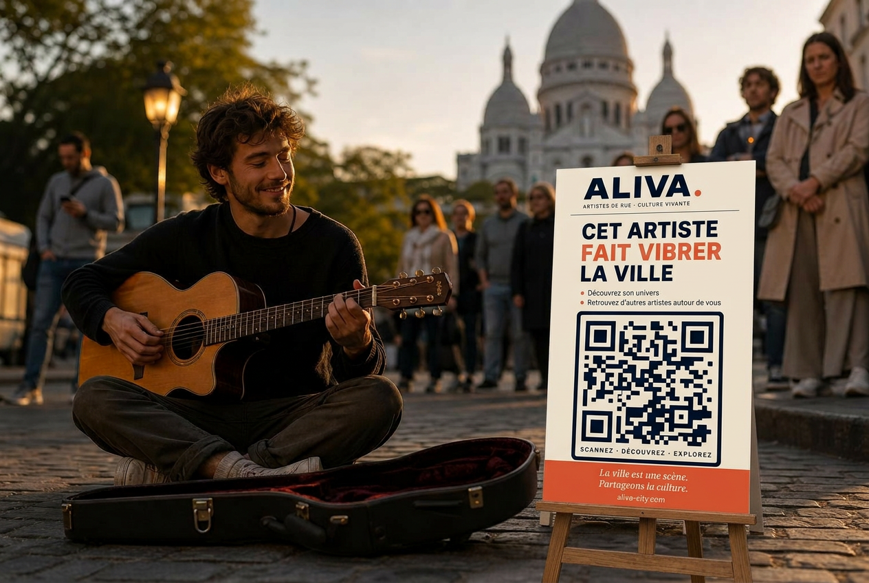 Un artiste indépendant parisien souriant à côté de son panneau ALIVA officiel posé sur un chevalet, avec QR Code menant à sa fiche artiste.
