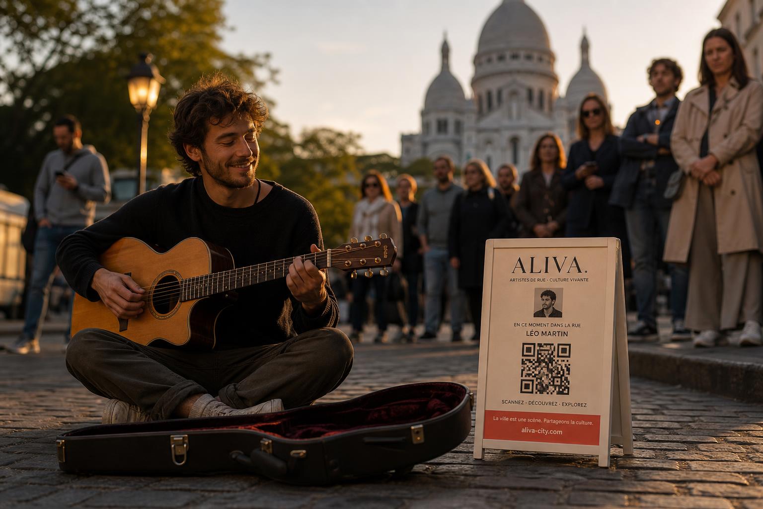 Un artiste de rue parisien souriant à côté de son panneau ALIVA officiel posé sur un chevalet, avec QR Code menant à sa fiche artiste.